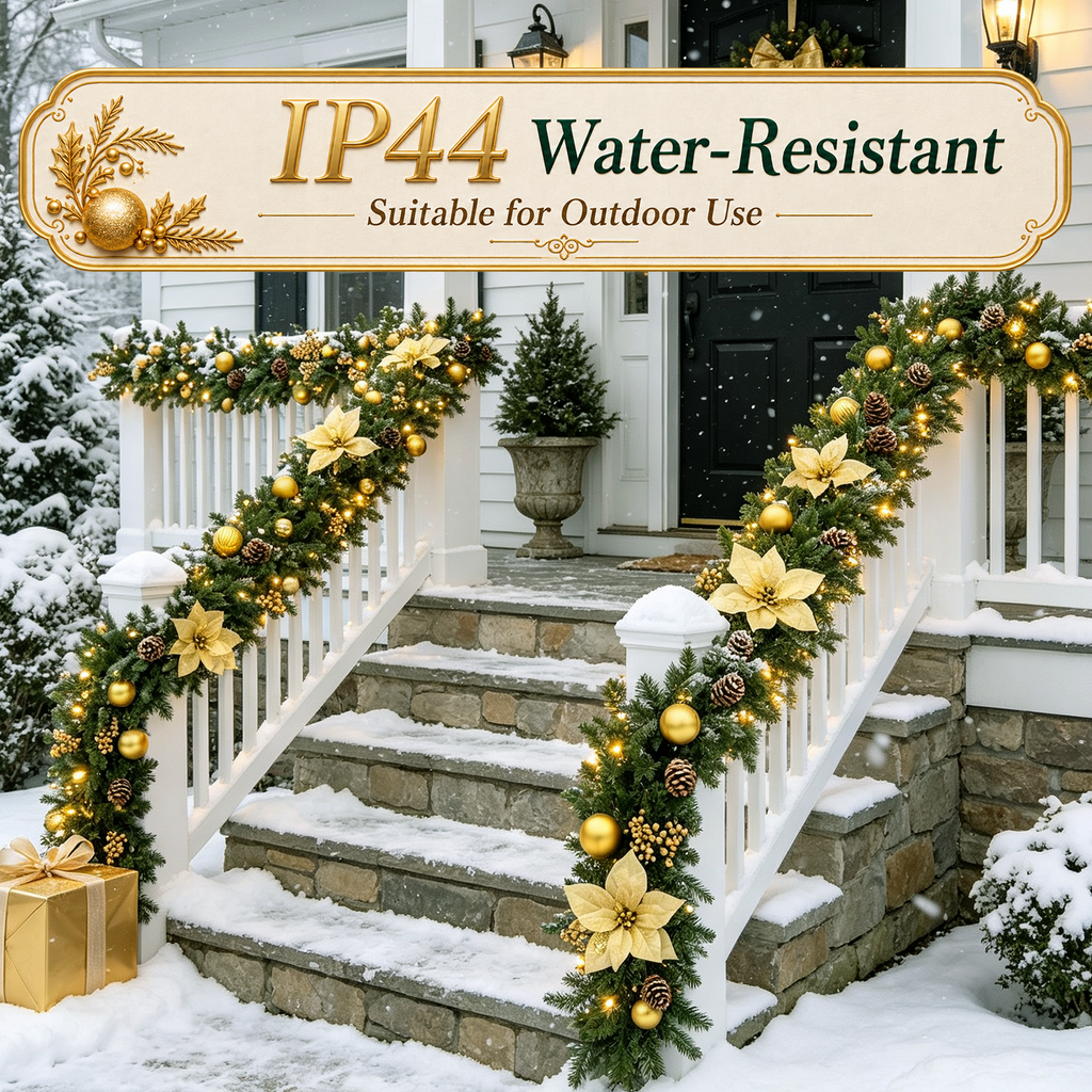 9ft Pre-Lit Christmas Garland, PE/PVC Mixed, Big Gold Flowers, 80 LED w/ 8 Modes & Timer for Outdoor Indoor Xmas Decoration Fireplace Stairs Doorway Railings Decor