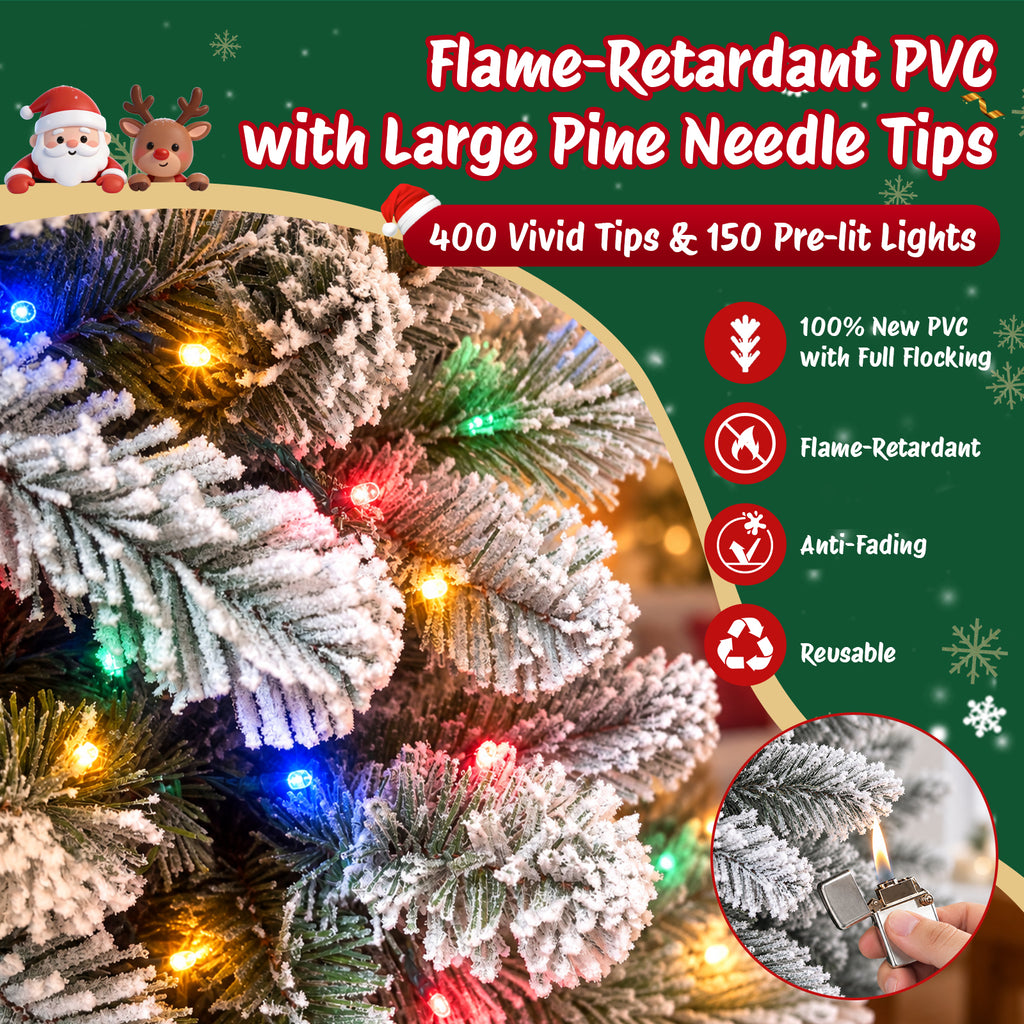 Moonsun 5ft Pre-Lit Flocked Christmas Tree, Full Artificial Green Tree with 150 Warm White & Multicolor Lights, 400 PVC & Pine Needle Tips, Metal Stand for Home Office Holiday Decor