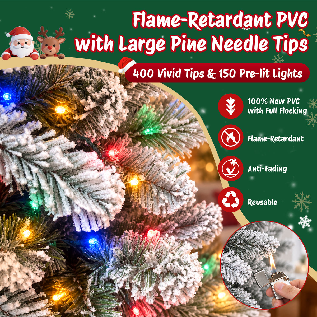 Moonsun 5ft Pre-Lit Flocked Christmas Tree, Full Artificial Green Tree with 150 Warm White & Multicolor Lights, 400 PVC & Pine Needle Tips, Metal Stand for Home Office Holiday Decor