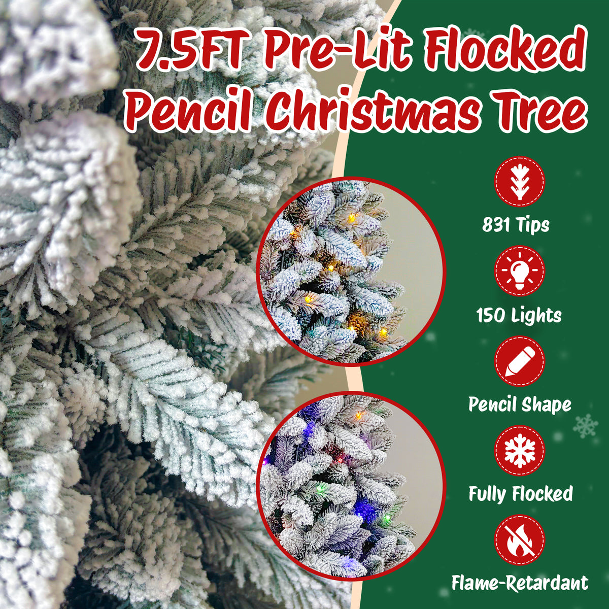 Moonsun 7.5ft Pre-Lit Flocked Pencil Christmas Tree, Artificial Pencil Artificial Slim with 150 Warm White & Multicolor Lights, 831 Branch Tips, Metal Stand for Home Office Party Holiday Decor