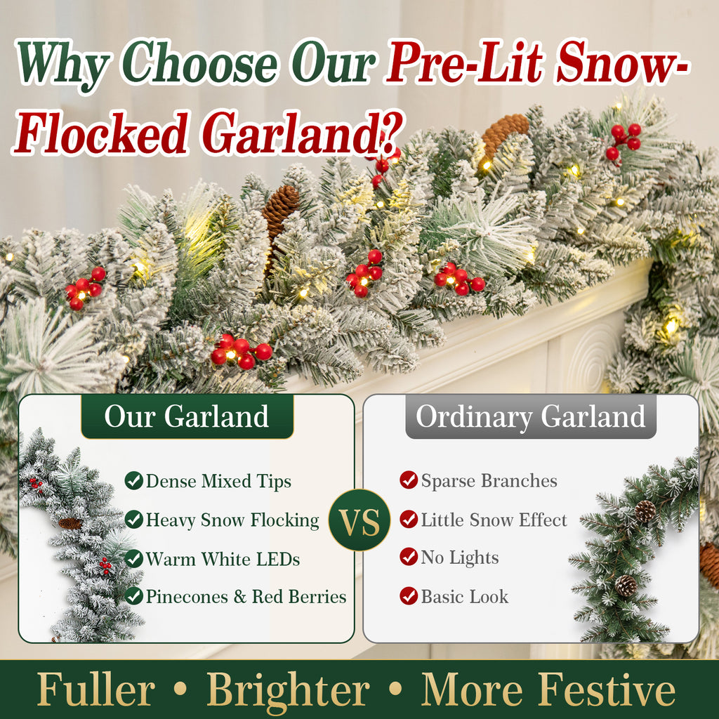 2 Pack 9ft Pre-Lit Snow Flocked Christmas Garland with 80 LED Lights w/ 8 Modes & Timer for Outdoor Indoor Xmas Decoration Fireplace Stairs Doorway Railings Decor