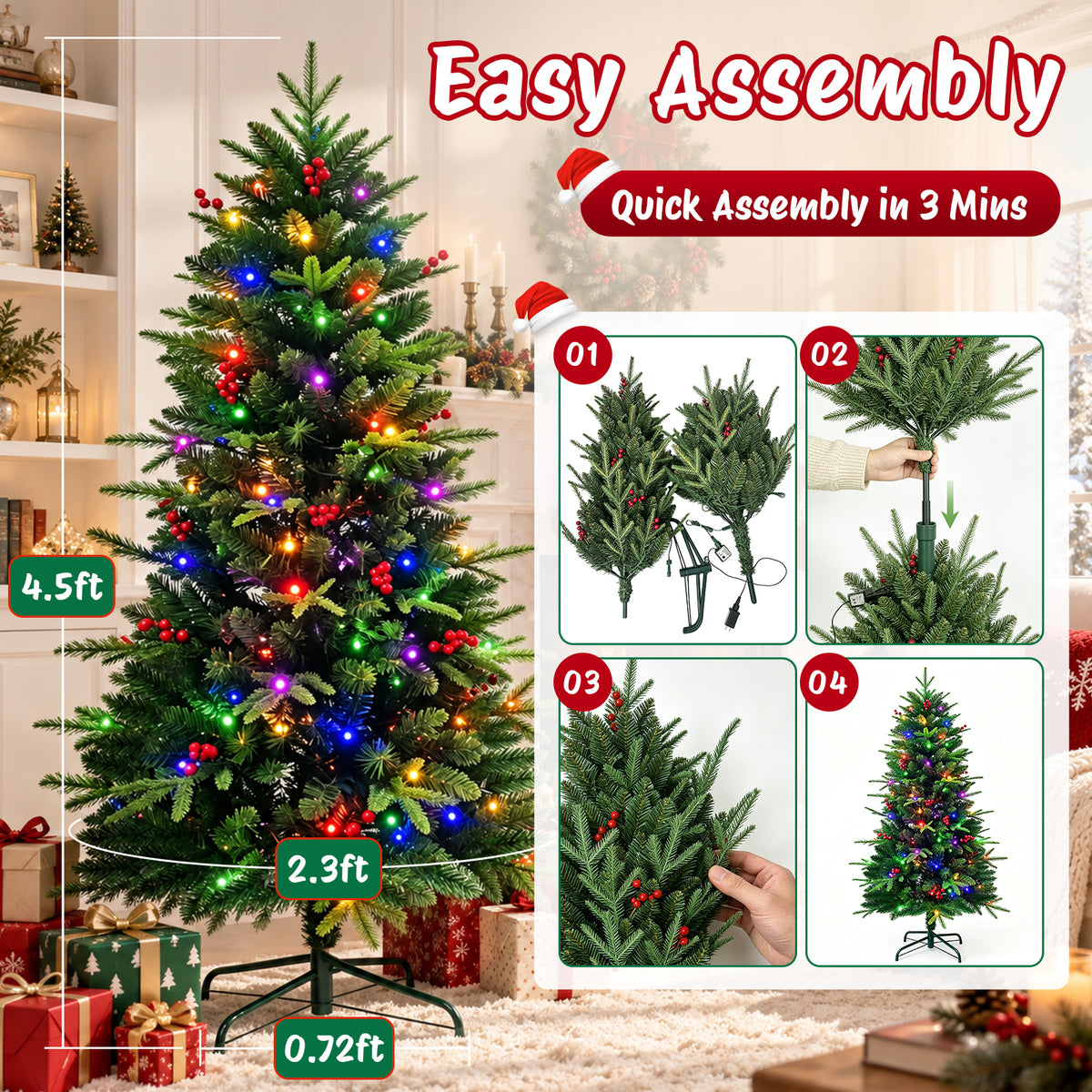Moonsun 4.5ft Pre-Lit Christmas Tree, Full Artificial Tree with 120 Warm White & Multicolor Lights, 350 PE & PVC Tips, 50 Red Berries, Metal Stand for Home Office Holiday Decor