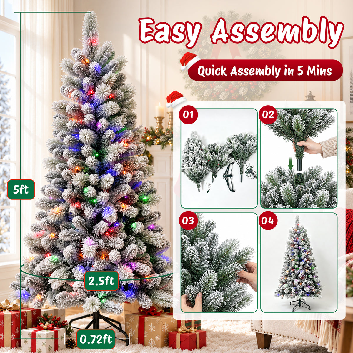 Moonsun 5ft Pre-Lit Flocked Christmas Tree, Full Artificial Green Tree with 150 Warm White & Multicolor Lights, 400 PVC & Pine Needle Tips, Metal Stand for Home Office Holiday Decor