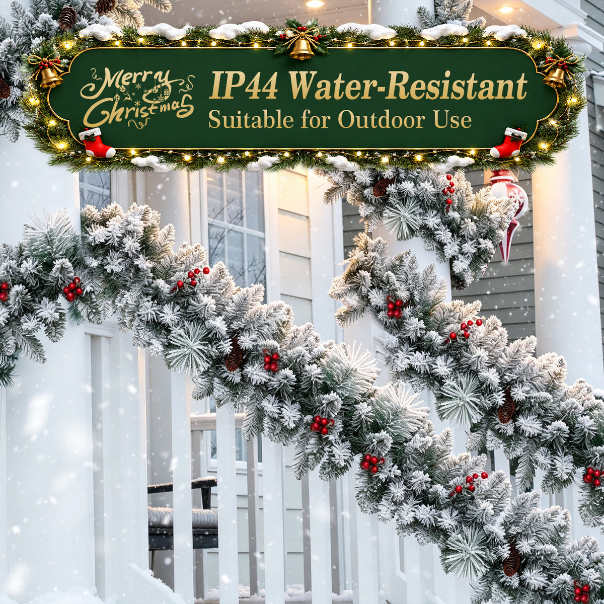 2 Pack 9ft Pre-Lit Snow Flocked Christmas Garland with 80 LED Lights w/ 8 Modes & Timer for Outdoor Indoor Xmas Decoration Fireplace Stairs Doorway Railings Decor