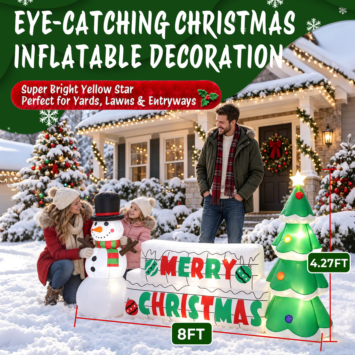 Moonsun 8FT Long Christmas Inflatable Snowman with Merry Christmas Sign & Christmas Tree, Built-in LED Lights, Blow Up Outdoor Christmas Decorations for Yard, Lawn & Garden