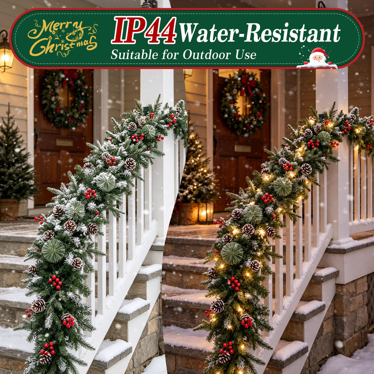 9ft Pre-Lit Christmas Garland, PE/PVC Mixed, 80 LED Lights w/ 8 Modes & Timer for Outdoor Indoor Xmas Decoration Fireplace Stairs Doorway Railings Decor