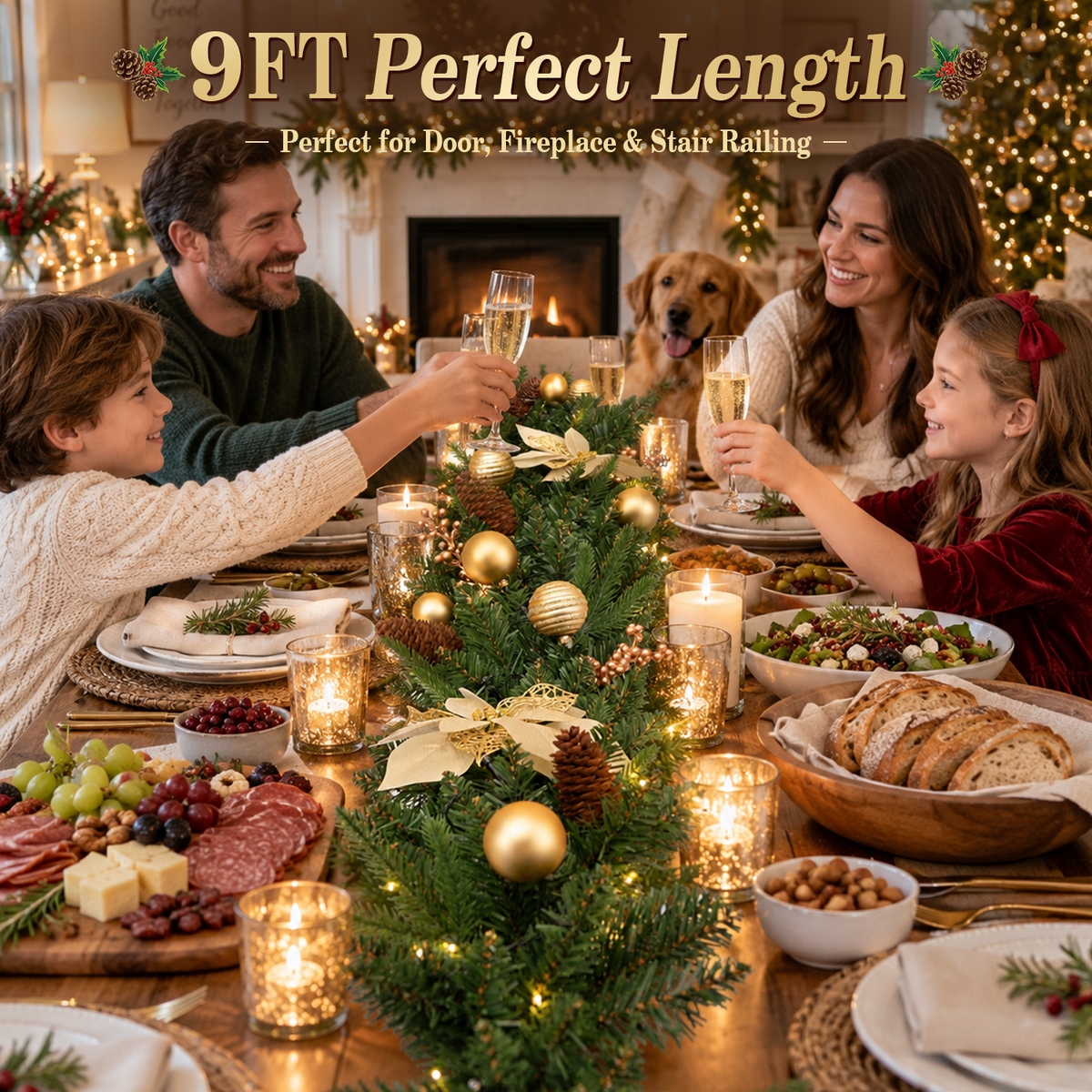 9ft Pre-Lit Christmas Garland, PE/PVC Mixed, Big Gold Flowers, 80 LED w/ 8 Modes & Timer for Outdoor Indoor Xmas Decoration Fireplace Stairs Doorway Railings Decor