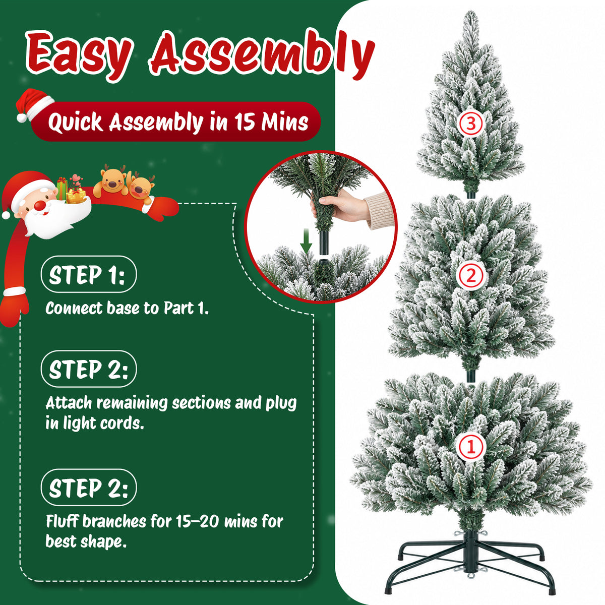Moonsun 7.5ft Pre-Lit Flocked Pencil Christmas Tree, Artificial Pencil Artificial Slim with 150 Warm White & Multicolor Lights, 831 Branch Tips, Metal Stand for Home Office Party Holiday Decor