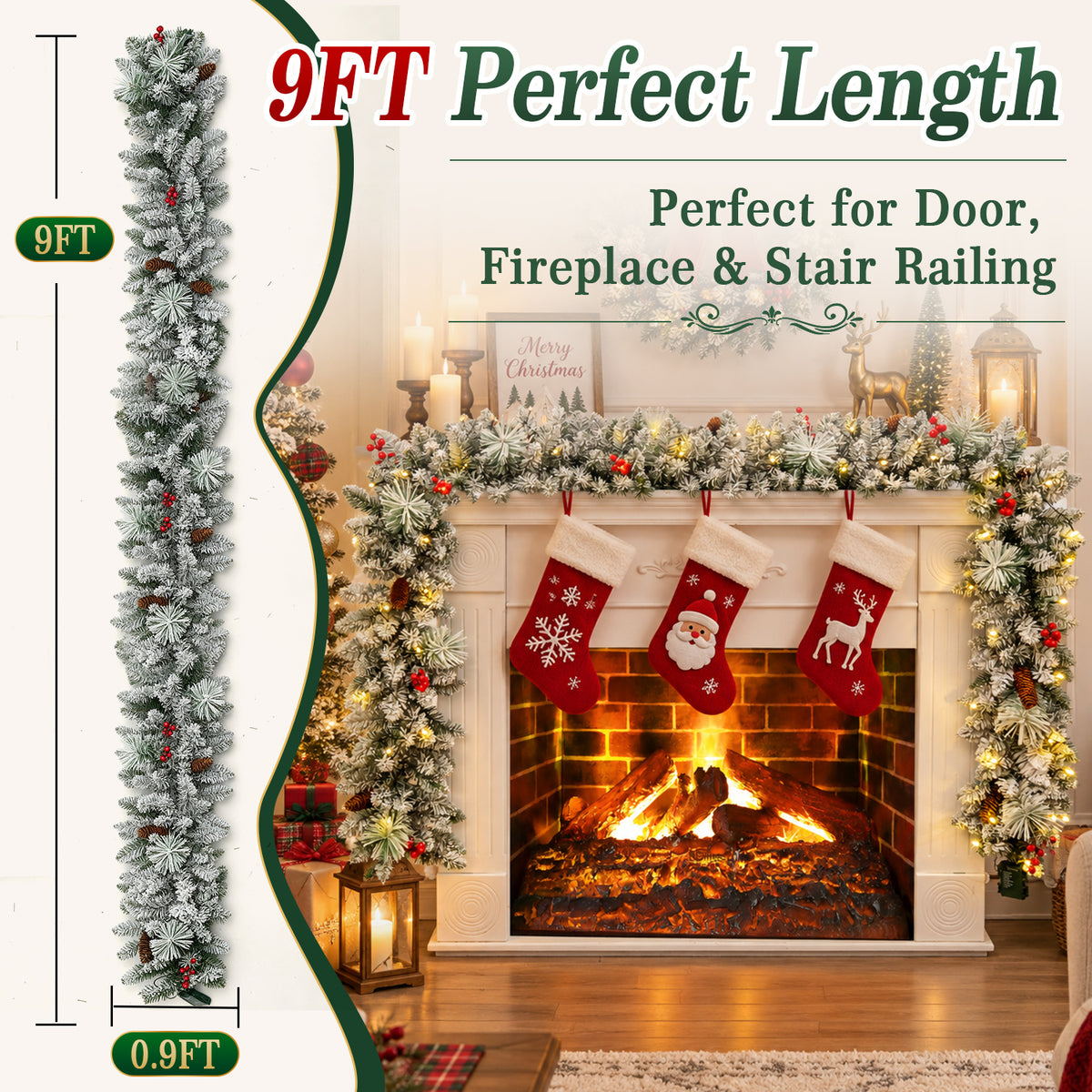 2 Pack 9ft Pre-Lit Snow Flocked Christmas Garland with 80 LED Lights w/ 8 Modes & Timer for Outdoor Indoor Xmas Decoration Fireplace Stairs Doorway Railings Decor