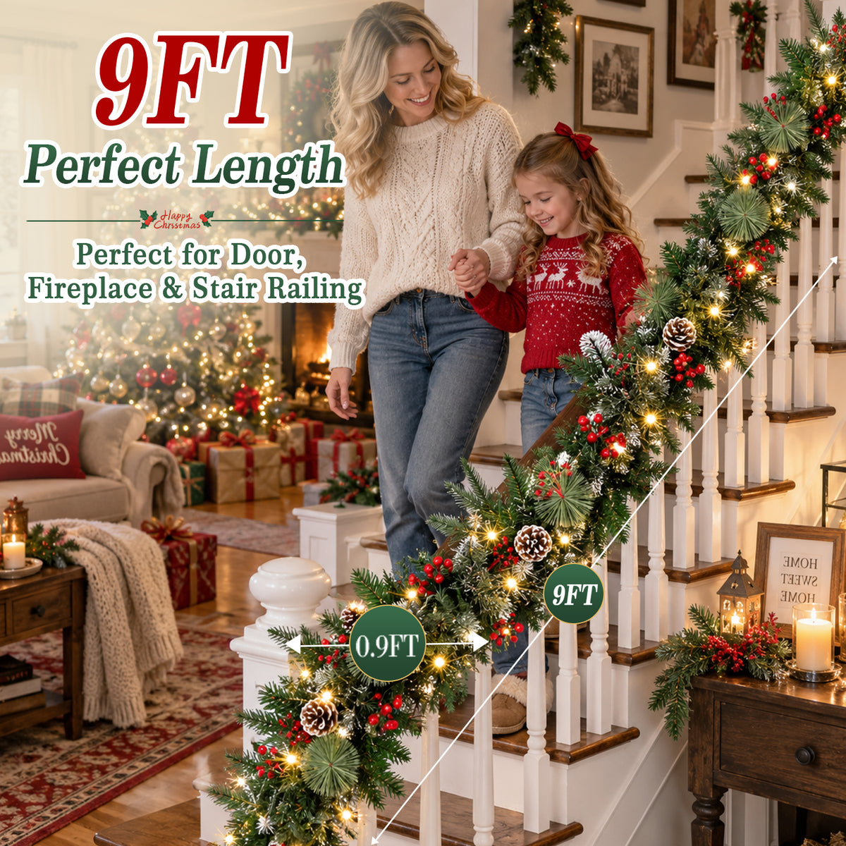 9ft Pre-Lit Christmas Garland, PE/PVC Mixed, 80 LED Lights w/ 8 Modes & Timer for Outdoor Indoor Xmas Decoration Fireplace Stairs Doorway Railings Decor