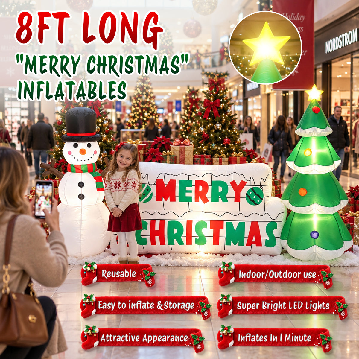 Moonsun 8FT Long Christmas Inflatable Snowman with Merry Christmas Sign & Christmas Tree, Built-in LED Lights, Blow Up Outdoor Christmas Decorations for Yard, Lawn & Garden