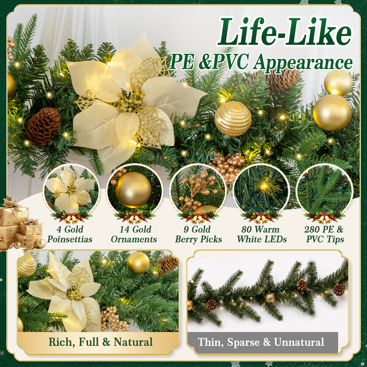 9ft Pre-Lit Christmas Garland, PE/PVC Mixed, Big Gold Flowers, 80 LED w/ 8 Modes & Timer for Outdoor Indoor Xmas Decoration Fireplace Stairs Doorway Railings Decor