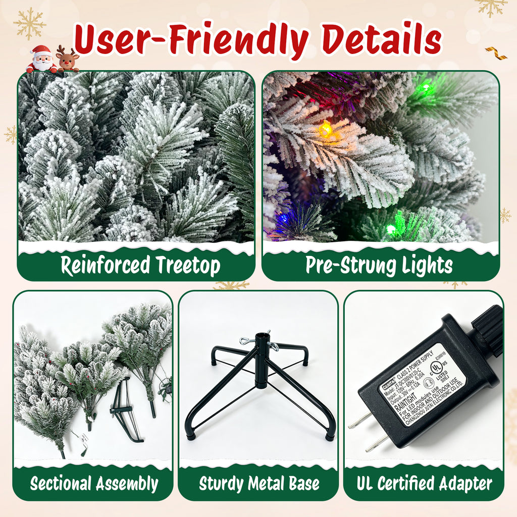 Moonsun 5ft Pre-Lit Flocked Christmas Tree, Full Artificial Green Tree with 150 Warm White & Multicolor Lights, 400 PVC & Pine Needle Tips, Metal Stand for Home Office Holiday Decor