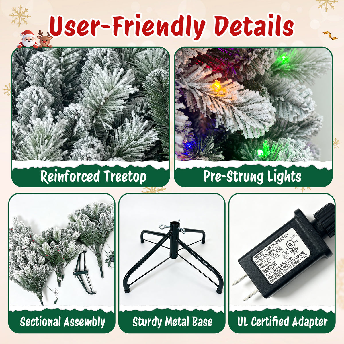 Moonsun 5ft Pre-Lit Flocked Christmas Tree, Full Artificial Green Tree with 150 Warm White & Multicolor Lights, 400 PVC & Pine Needle Tips, Metal Stand for Home Office Holiday Decor
