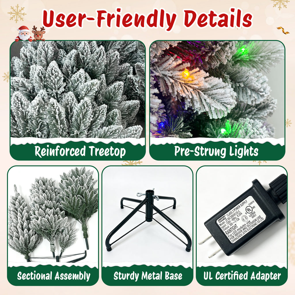 Moonsun 7.5ft Pre-Lit Flocked Pencil Christmas Tree, Artificial Pencil Artificial Slim with 150 Warm White & Multicolor Lights, 831 Branch Tips, Metal Stand for Home Office Party Holiday Decor