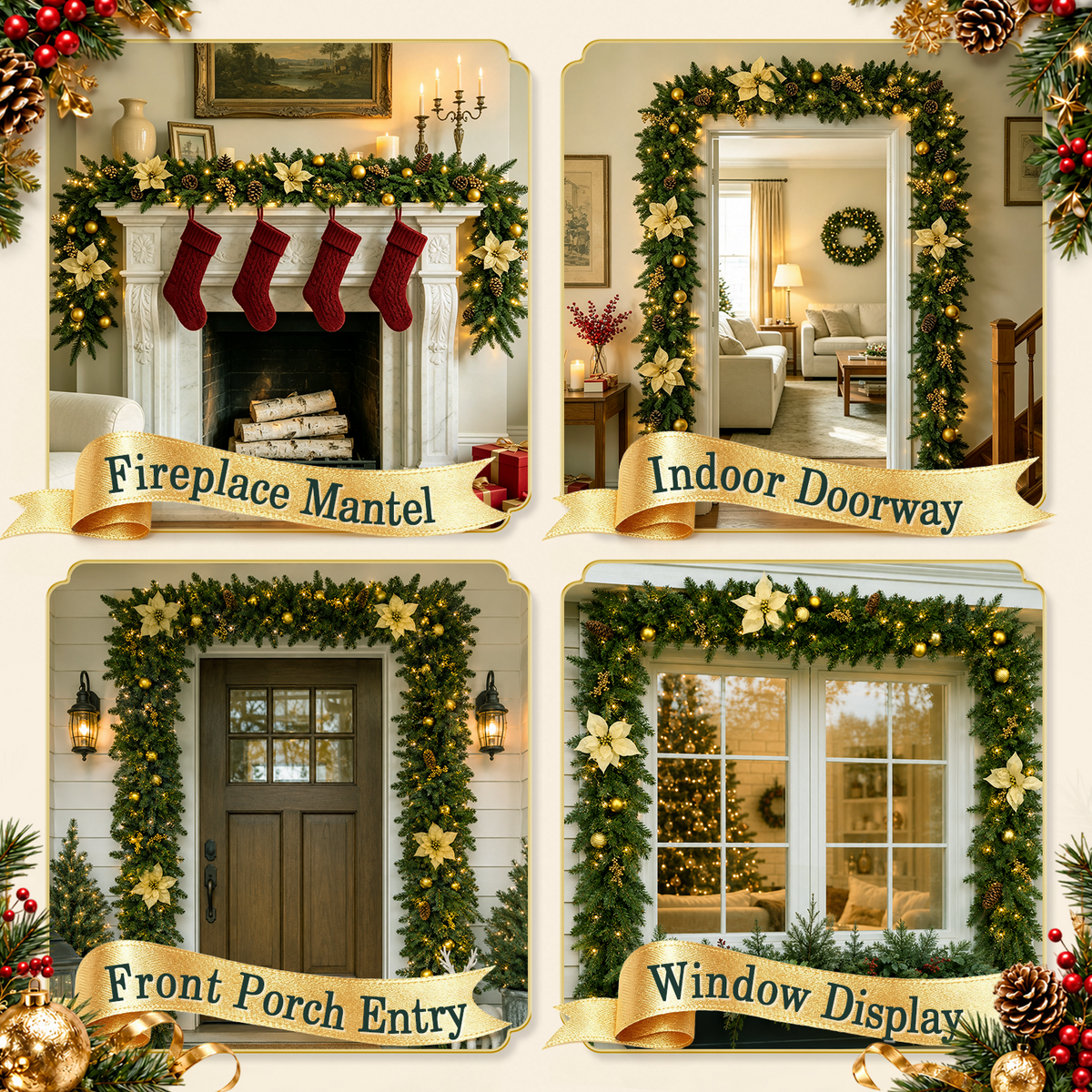 9ft Pre-Lit Christmas Garland, PE/PVC Mixed, Big Gold Flowers, 80 LED w/ 8 Modes & Timer for Outdoor Indoor Xmas Decoration Fireplace Stairs Doorway Railings Decor