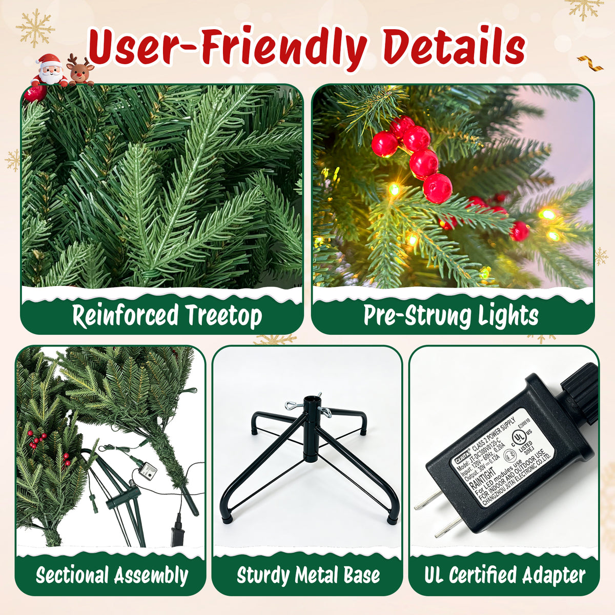 Moonsun 4.5ft Pre-Lit Christmas Tree, Full Artificial Tree with 120 Warm White & Multicolor Lights, 350 PE & PVC Tips, 50 Red Berries, Metal Stand for Home Office Holiday Decor