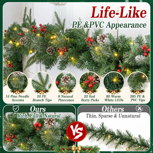 2 Pack 9ft Pre-Lit Christmas Garland, PE/PVC Mixed, 80 LED Lights w/ 8 Modes & Timer for Outdoor Indoor Xmas Decoration Fireplace Stairs Doorway Railings Decor