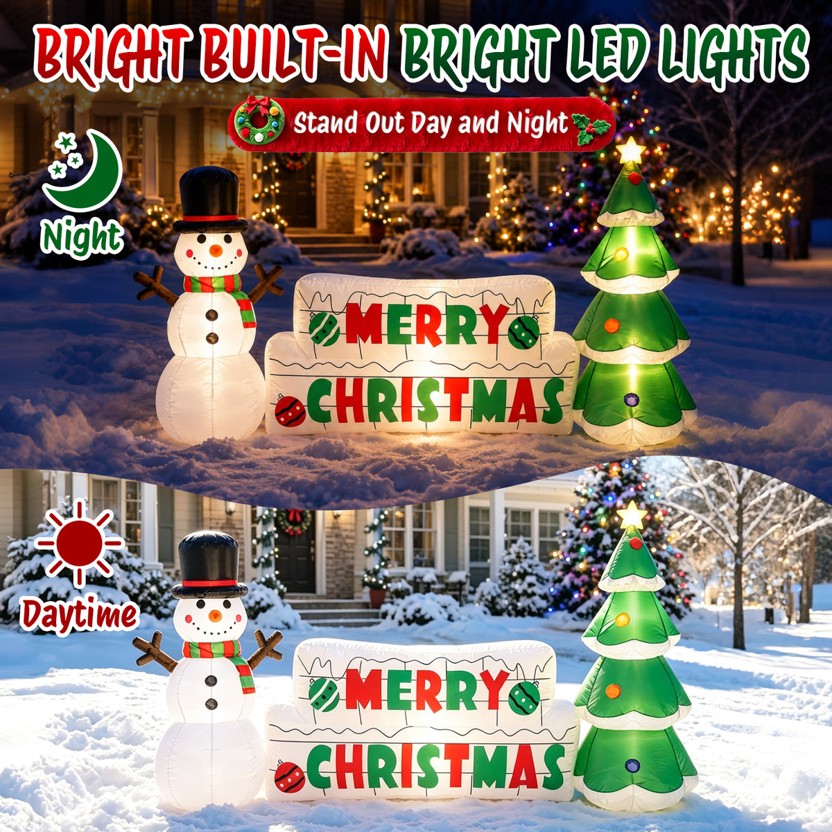 Moonsun 8FT Long Christmas Inflatable Snowman with Merry Christmas Sign & Christmas Tree, Built-in LED Lights, Blow Up Outdoor Christmas Decorations for Yard, Lawn & Garden
