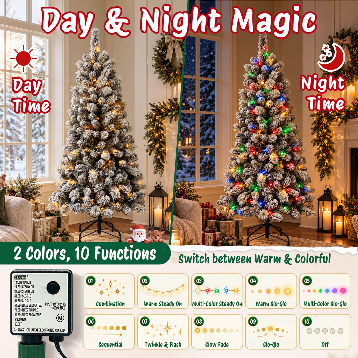 Moonsun 5ft Pre-Lit Flocked Christmas Tree, Full Artificial Green Tree with 150 Warm White & Multicolor Lights, 400 PVC & Pine Needle Tips, Metal Stand for Home Office Holiday Decor