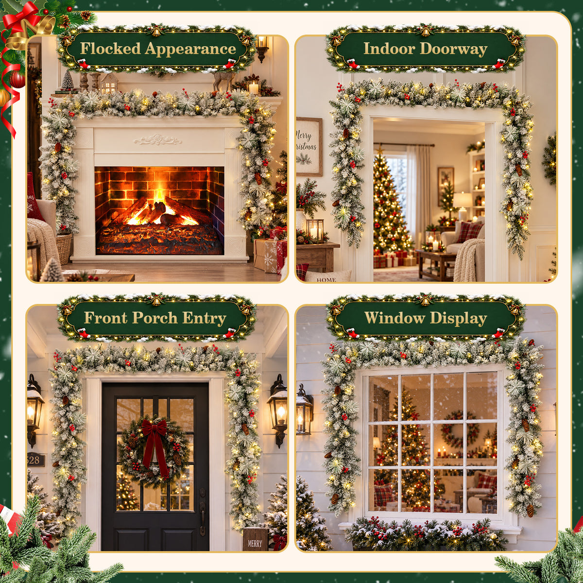 2 Pack 9ft Pre-Lit Snow Flocked Christmas Garland with 80 LED Lights w/ 8 Modes & Timer for Outdoor Indoor Xmas Decoration Fireplace Stairs Doorway Railings Decor