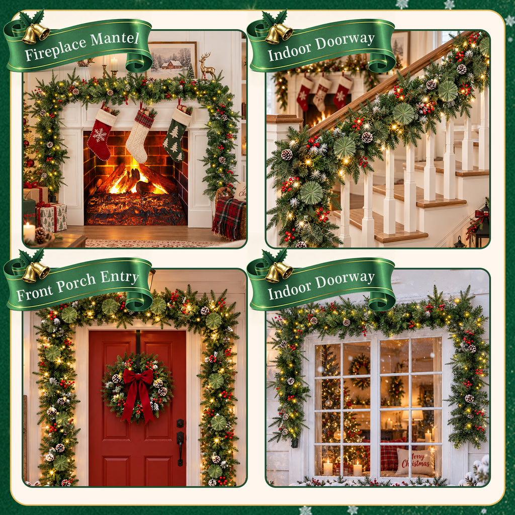 9ft Pre-Lit Christmas Garland, PE/PVC Mixed, 80 LED Lights w/ 8 Modes & Timer for Outdoor Indoor Xmas Decoration Fireplace Stairs Doorway Railings Decor