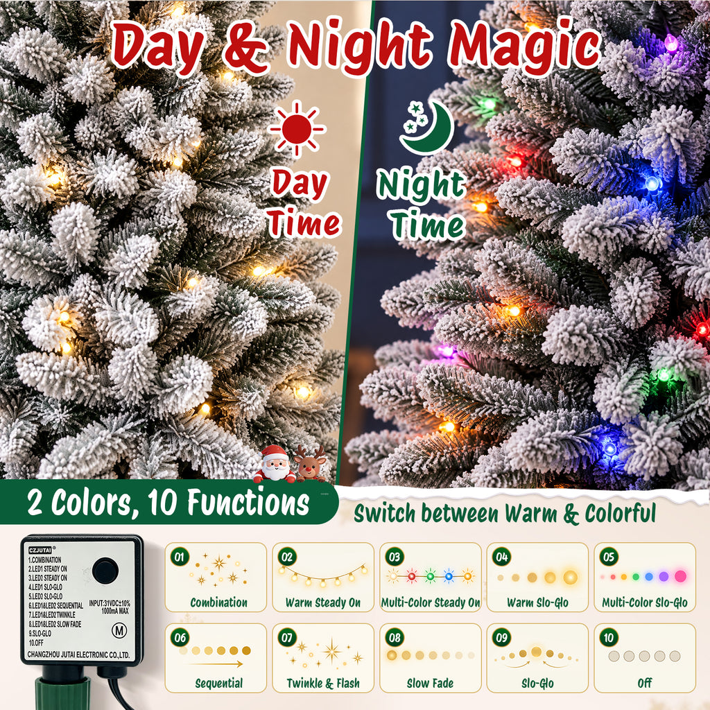 Moonsun 7.5ft Pre-Lit Flocked Pencil Christmas Tree, Artificial Pencil Artificial Slim with 150 Warm White & Multicolor Lights, 831 Branch Tips, Metal Stand for Home Office Party Holiday Decor