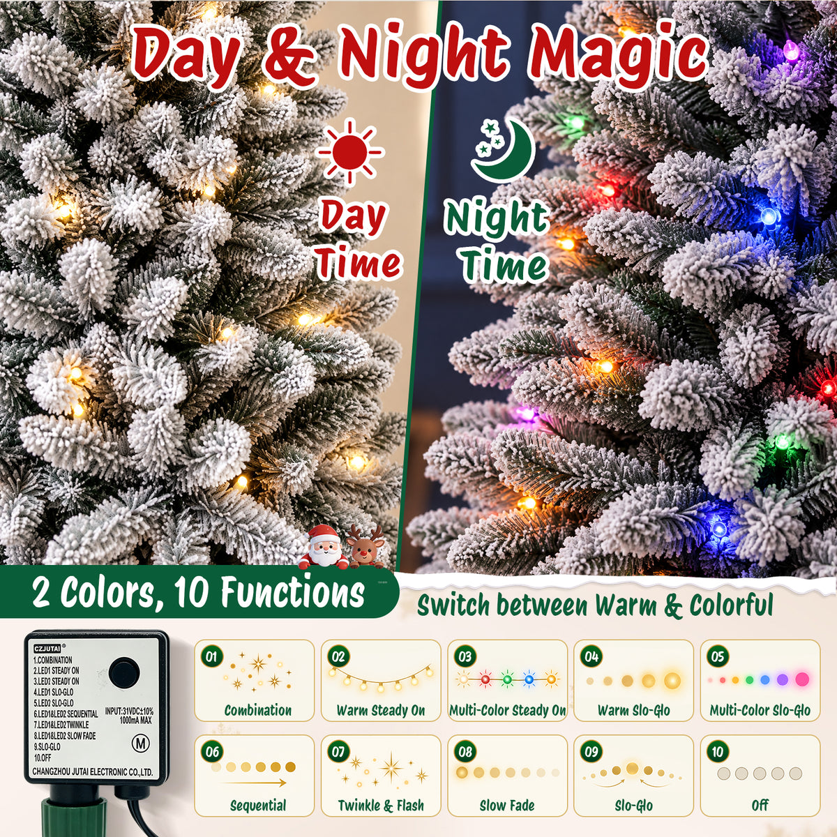 Moonsun 7.5ft Pre-Lit Flocked Pencil Christmas Tree, Artificial Pencil Artificial Slim with 150 Warm White & Multicolor Lights, 831 Branch Tips, Metal Stand for Home Office Party Holiday Decor