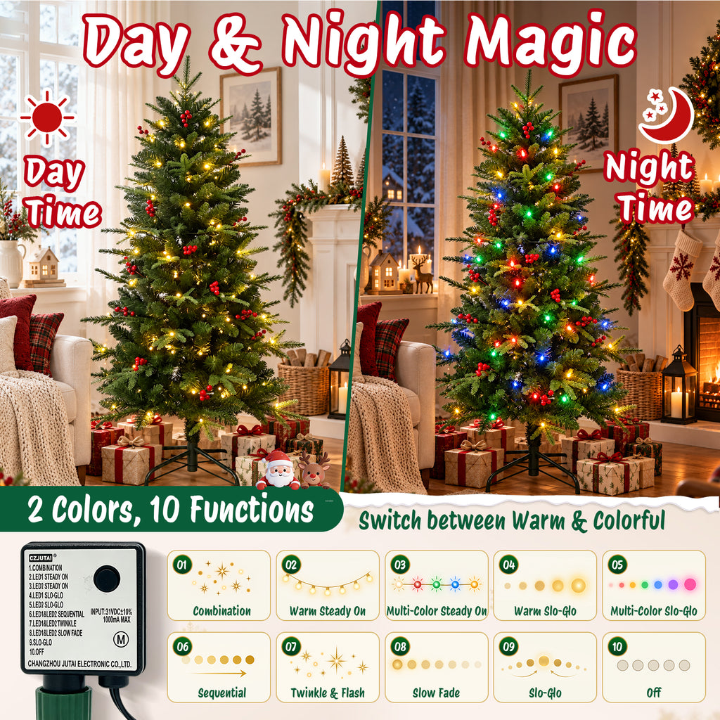 Moonsun 4.5ft Pre-Lit Christmas Tree, Full Artificial Tree with 120 Warm White & Multicolor Lights, 350 PE & PVC Tips, 50 Red Berries, Metal Stand for Home Office Holiday Decor