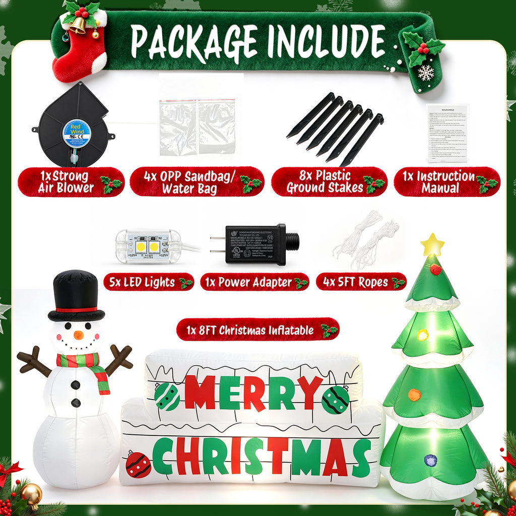 Moonsun 8FT Long Christmas Inflatable Snowman with Merry Christmas Sign & Christmas Tree, Built-in LED Lights, Blow Up Outdoor Christmas Decorations for Yard, Lawn & Garden
