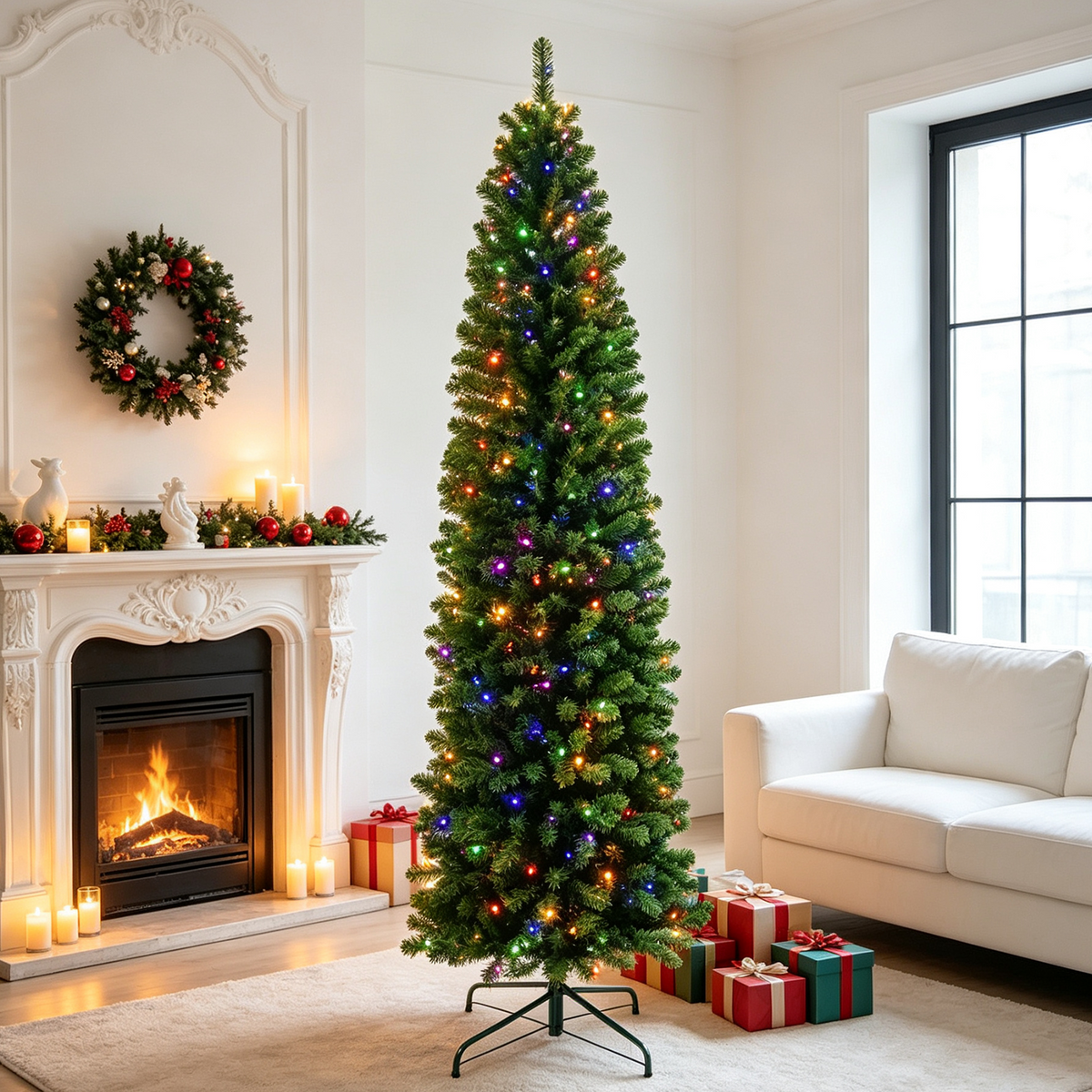 Moonsun 7.5ft Pre-Lit Pencil Christmas Tree, Artificial Slim Green Tree with 250 Warm White & Multicolor Lights, 900 Branch Tips, Metal Stand for Home Office Party Holiday Decor