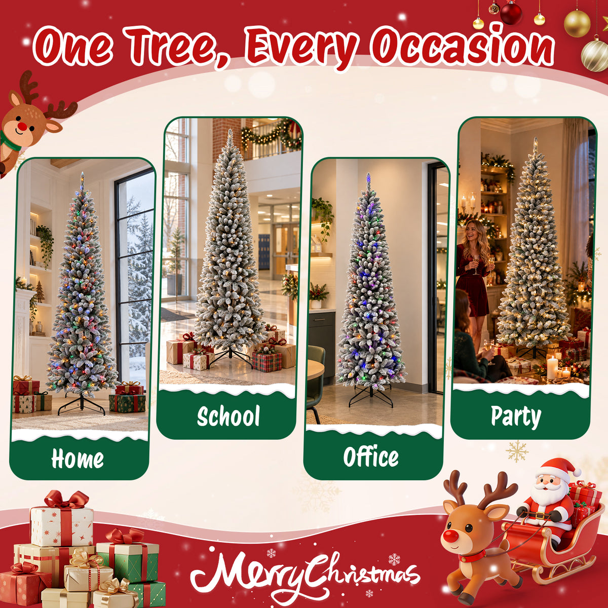 Moonsun 7.5ft Pre-Lit Flocked Pencil Christmas Tree, Artificial Pencil Artificial Slim with 150 Warm White & Multicolor Lights, 831 Branch Tips, Metal Stand for Home Office Party Holiday Decor