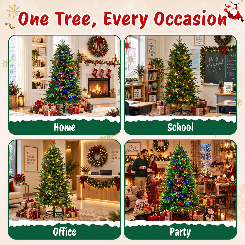 Moonsun 4.5ft Pre-Lit Christmas Tree, Full Artificial Tree with 120 Warm White & Multicolor Lights, 350 PE & PVC Tips, 50 Red Berries, Metal Stand for Home Office Holiday Decor