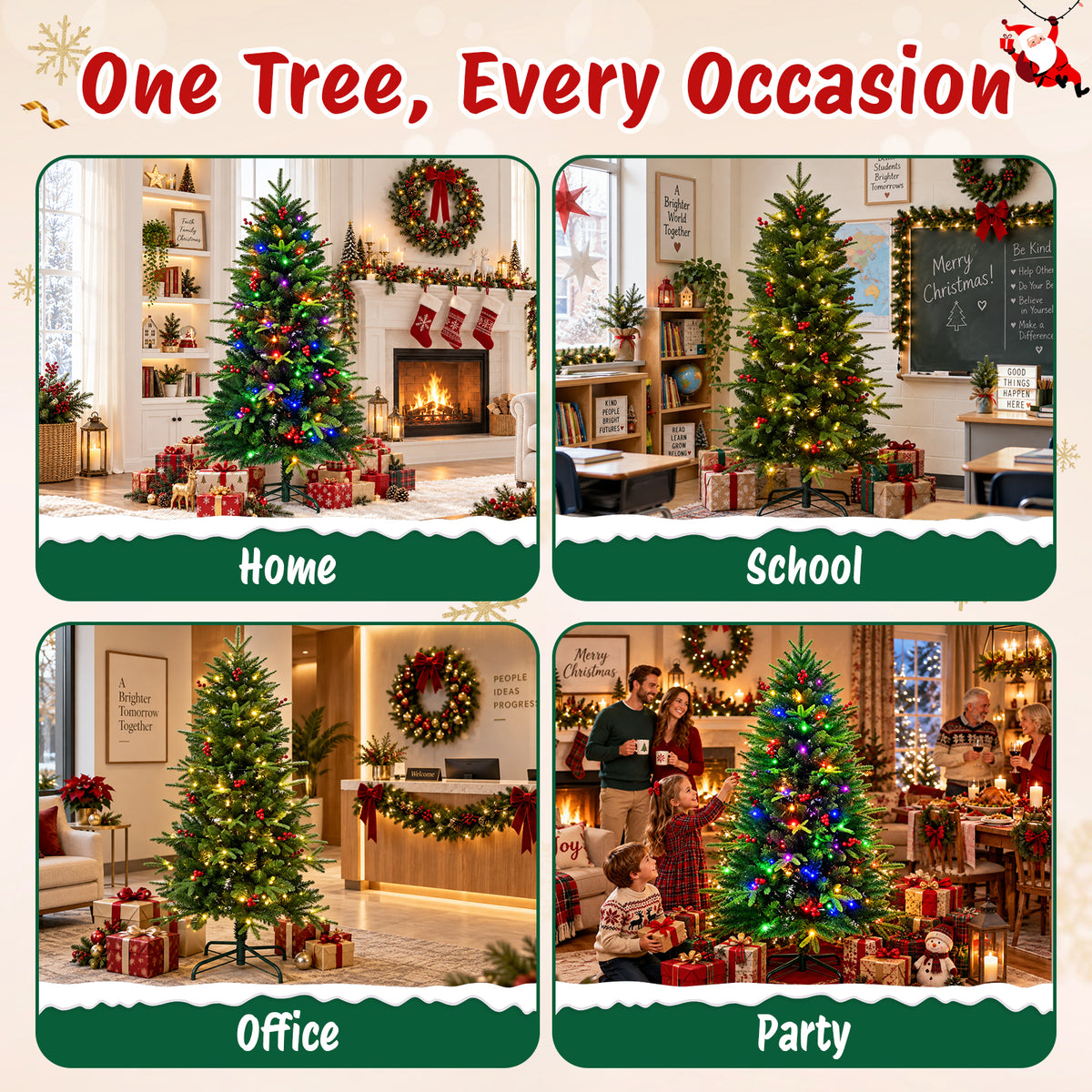 Moonsun 4.5ft Pre-Lit Christmas Tree, Full Artificial Tree with 120 Warm White & Multicolor Lights, 350 PE & PVC Tips, 50 Red Berries, Metal Stand for Home Office Holiday Decor
