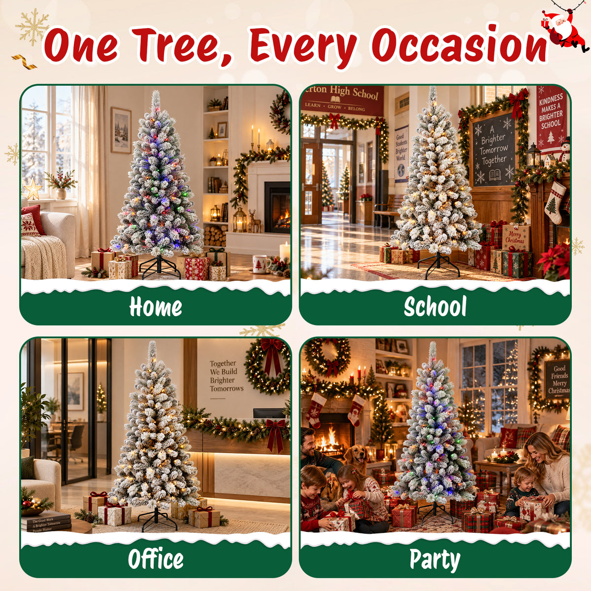 Moonsun 5ft Pre-Lit Flocked Christmas Tree, Full Artificial Green Tree with 150 Warm White & Multicolor Lights, 400 PVC & Pine Needle Tips, Metal Stand for Home Office Holiday Decor