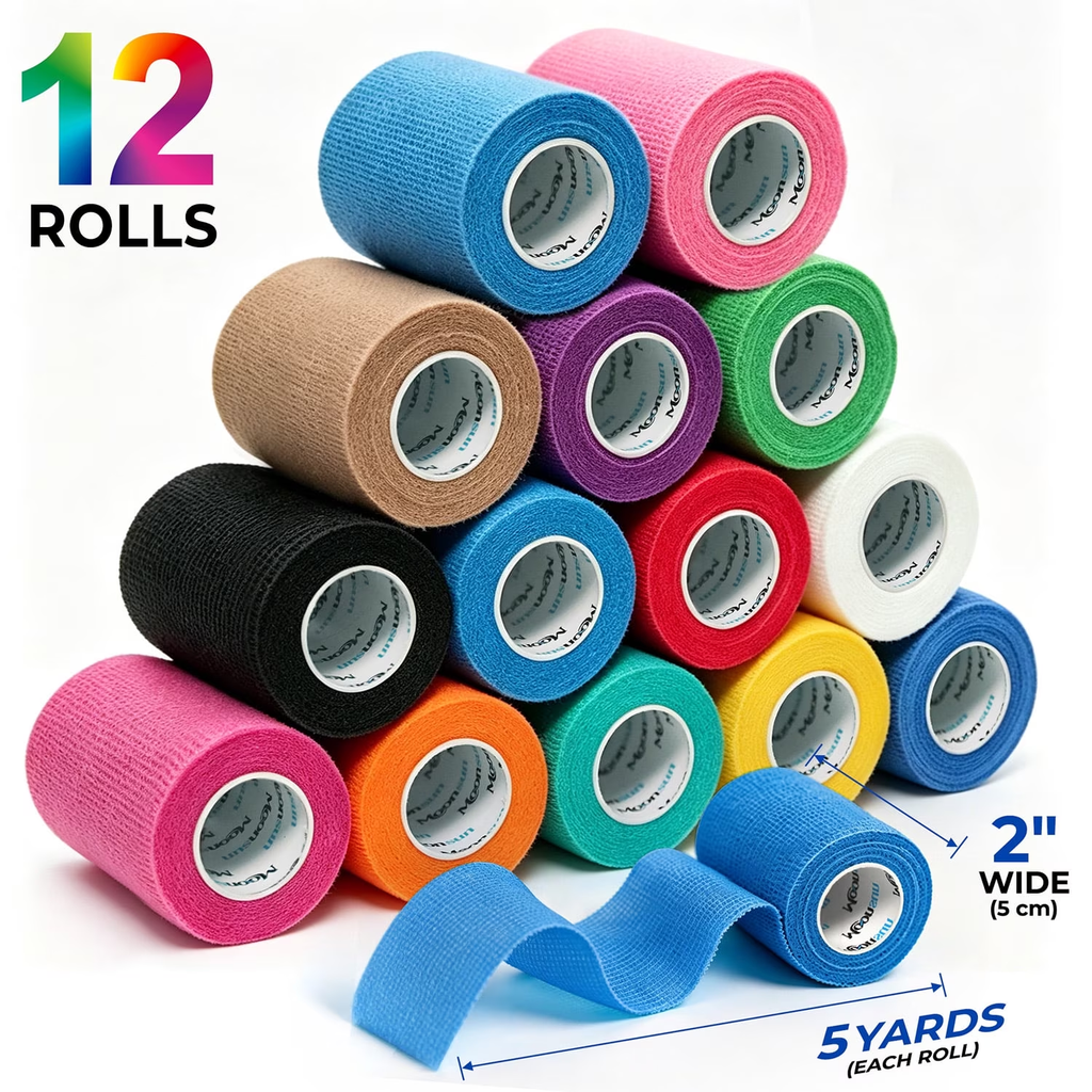 MoonSun 12 Pack Self Adhesive Bandage Wrap, 2" x 5 Yards, Waterproof Breathable Elastic Athletic Tape for Wrist, Ankle, Sports, Pets and Home Use