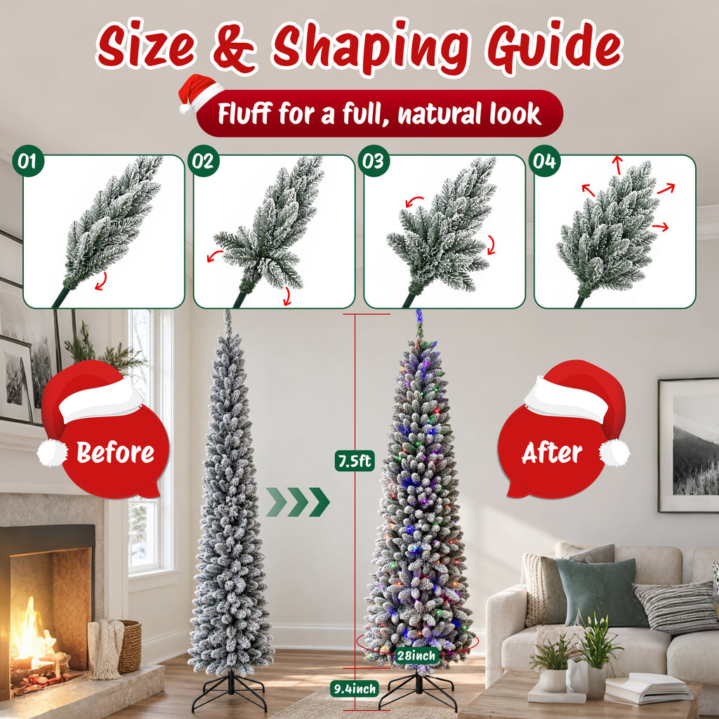 Moonsun 7.5ft Pre-Lit Flocked Pencil Christmas Tree, Artificial Pencil Artificial Slim with 150 Warm White & Multicolor Lights, 831 Branch Tips, Metal Stand for Home Office Party Holiday Decor