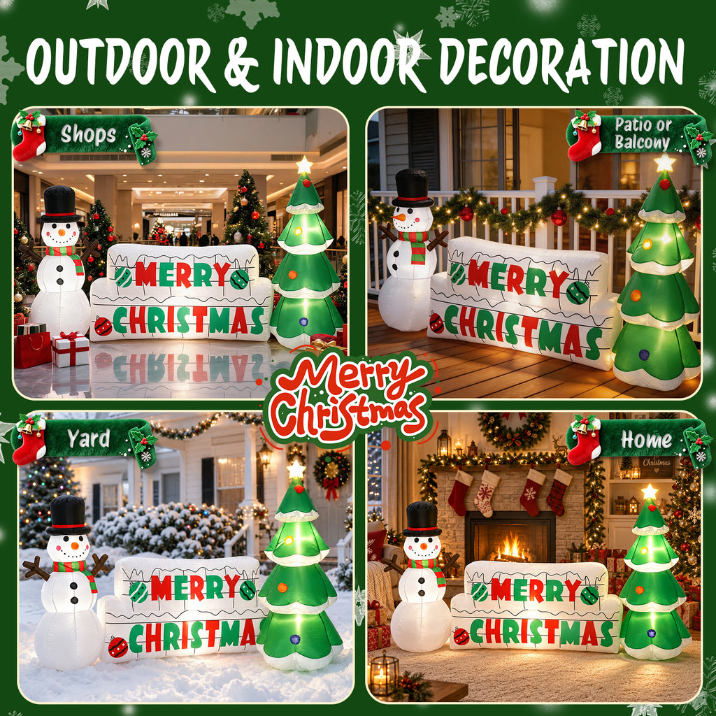 Moonsun 8FT Long Christmas Inflatable Snowman with Merry Christmas Sign & Christmas Tree, Built-in LED Lights, Blow Up Outdoor Christmas Decorations for Yard, Lawn & Garden
