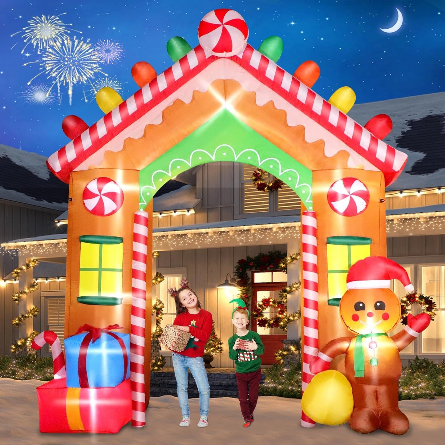 9 FT Christmas Inflatables Archway Outdoor Decorations, Gingerbread Man House Arch Blow Up Yard Decoration