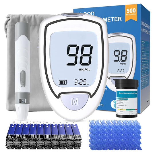 Blood Glucose Monitor Kit, 100 Glucometer Strips, 100 Lancets, 1 Blood Sugar Monitor, 1 Control Solution, Lancing Device and Carrying Bag