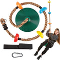 Moonsun Green Kids Tree Swing Set - Single Disc Seat, Climbing Rope, 4 Ft Strap & Carabiner for Treehouse & Backyard