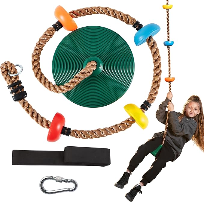 Moonsun Green Kids Tree Swing Set - Single Disc Seat, Climbing Rope, 4 Ft Strap & Carabiner for Treehouse & Backyard