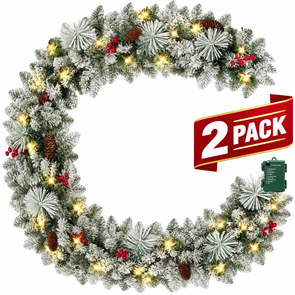2 Pack 9ft Pre-Lit Snow Flocked Christmas Garland with 80 LED Lights w/ 8 Modes & Timer for Outdoor Indoor Xmas Decoration Fireplace Stairs Doorway Railings Decor