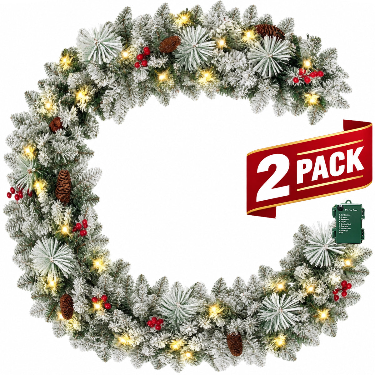 2 Pack 9ft Pre-Lit Snow Flocked Christmas Garland with 80 LED Lights w/ 8 Modes & Timer for Outdoor Indoor Xmas Decoration Fireplace Stairs Doorway Railings Decor