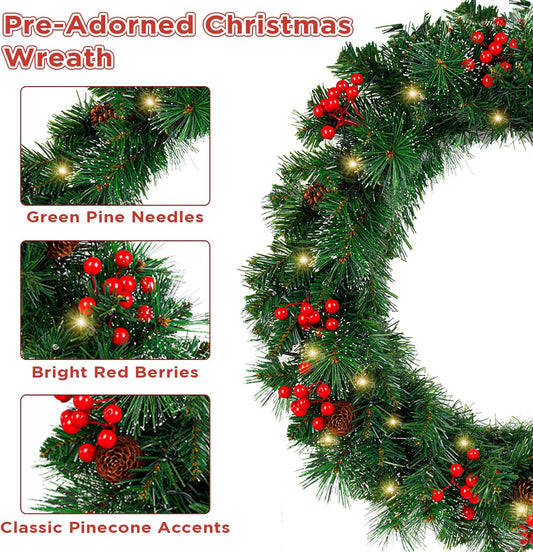 Christmas Wreath -Realistic PE Pine with Red Berries and Velvet Ribbon