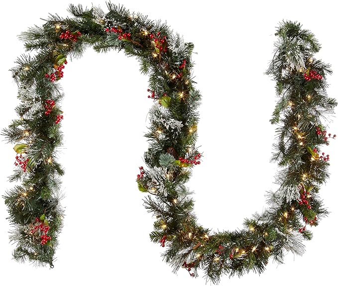 Moonsun 9 ft Pre-Lit Wintry Pine Flocked Artificial Christmas Vine - Green Vine with 100 Clear Lights, Pinecones & Red Berries, 184 Tips for Holiday Decor