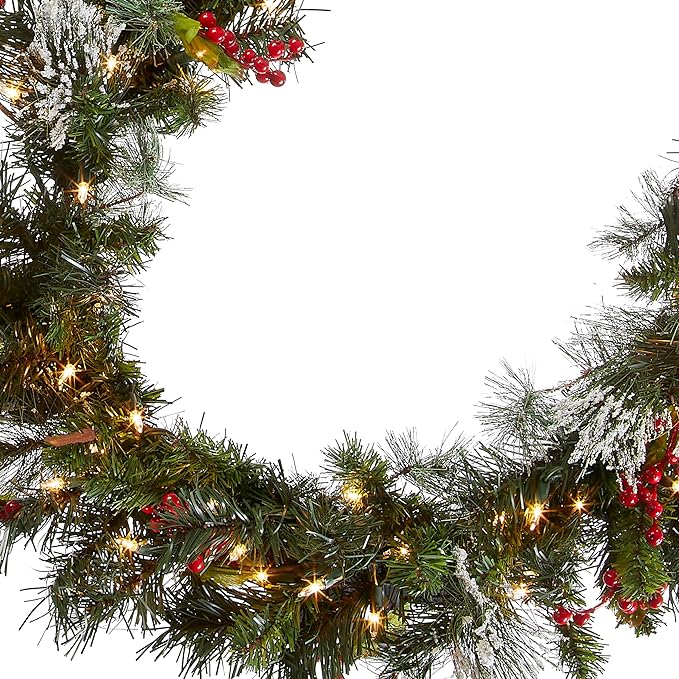 Moonsun 9 ft Pre-Lit Wintry Pine Flocked Artificial Christmas Vine - Green Vine with 100 Clear Lights, Pinecones & Red Berries, 184 Tips for Holiday Decor