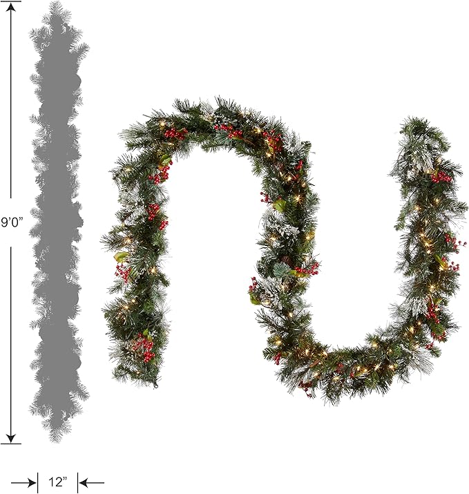 Moonsun 9 ft Pre-Lit Wintry Pine Flocked Artificial Christmas Vine - Green Vine with 100 Clear Lights, Pinecones & Red Berries, 184 Tips for Holiday Decor