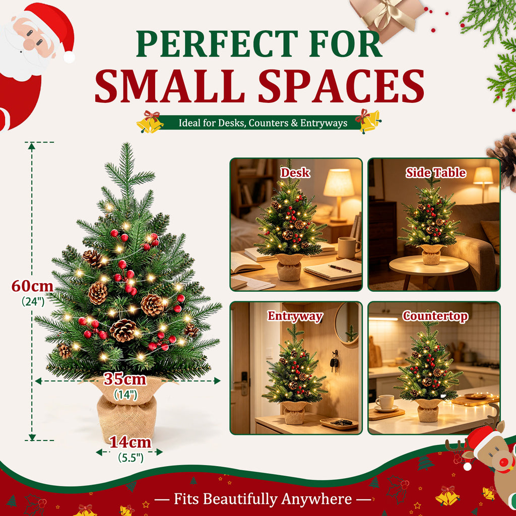 Moonsun 24"/2FT Mini Christmas Tree Tabletop Set with LED Lights, Artificial Xmas Tree with PE Tips & Hanging Ornaments for Home Entryway Apartment Indoor Outdoor Holiday Decoration