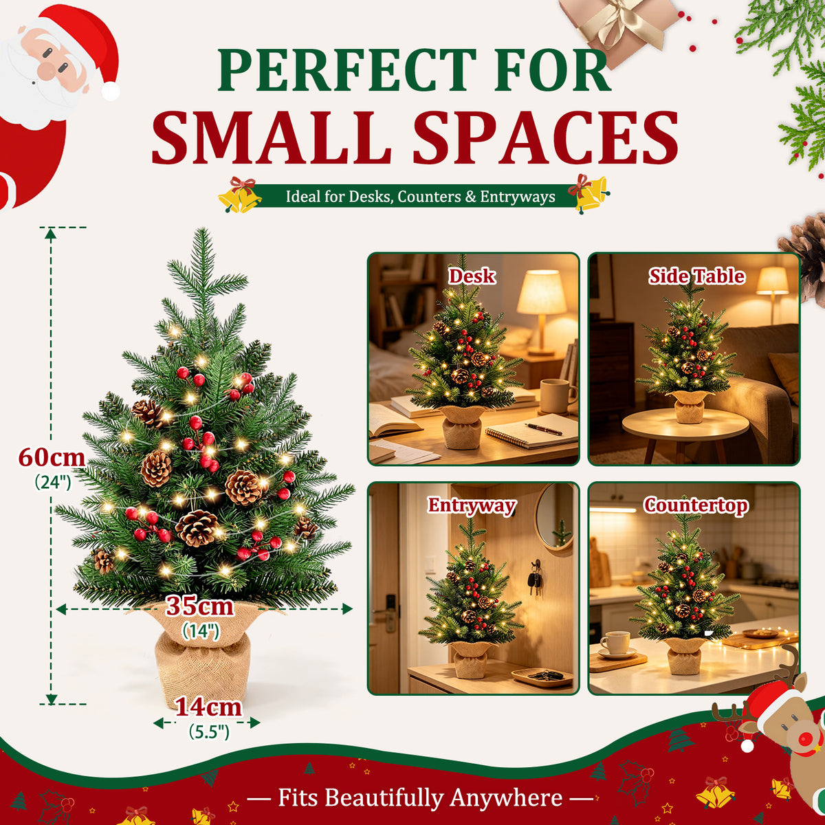 Moonsun 24"/2FT Mini Christmas Tree Tabletop Set with LED Lights, Artificial Xmas Tree with PE Tips & Hanging Ornaments for Home Entryway Apartment Indoor Outdoor Holiday Decoration